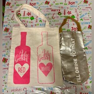 Set of 2 Wine Bottle Totes- Hot Pink/White Dual Tote & Silver Single Tote